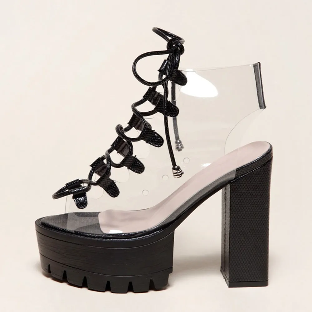 Clear Lace Up 5.1" Open Toe Chunky High Heel Shoes 3 Colors