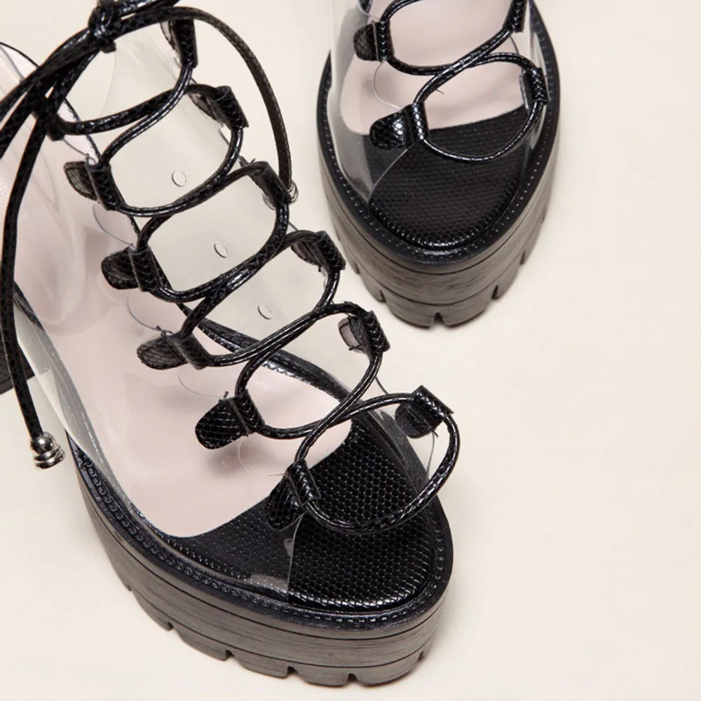 Clear Lace Up 5.1" Open Toe Chunky High Heel Shoes 3 Colors