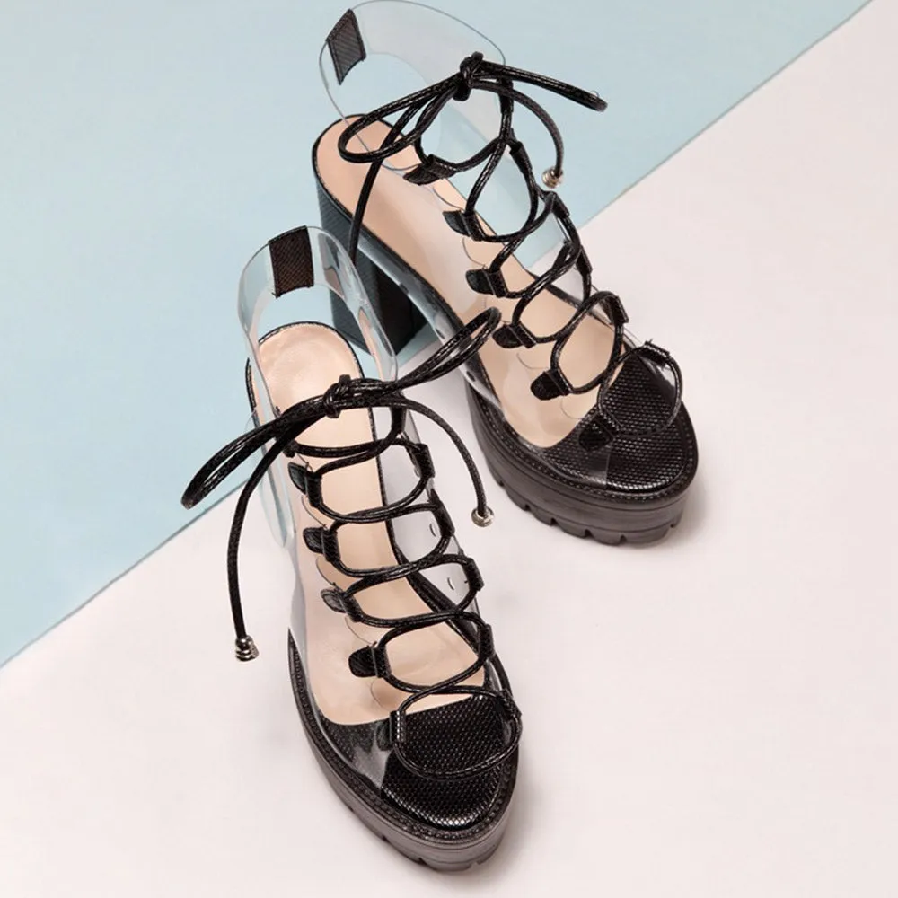 Clear Lace Up 5.1" Open Toe Chunky High Heel Shoes 3 Colors
