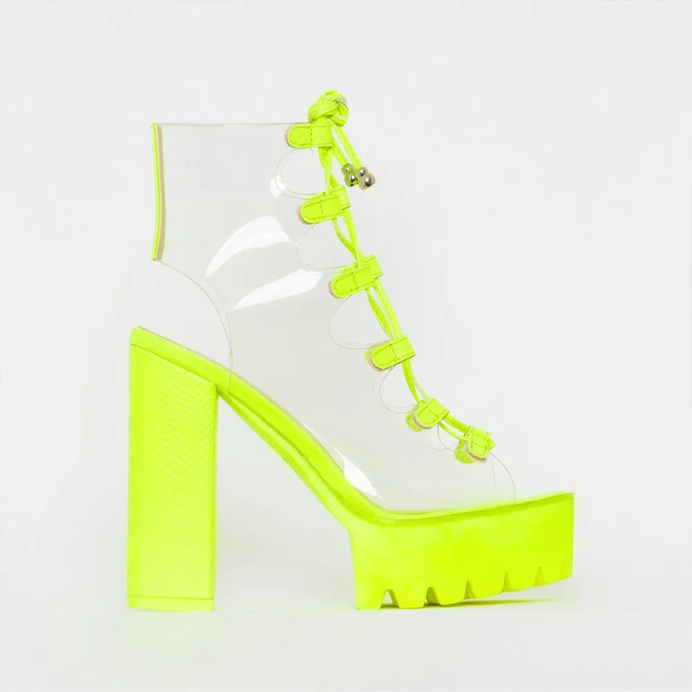 Clear Lace Up 5.1" Open Toe Chunky High Heel Shoes 3 Colors