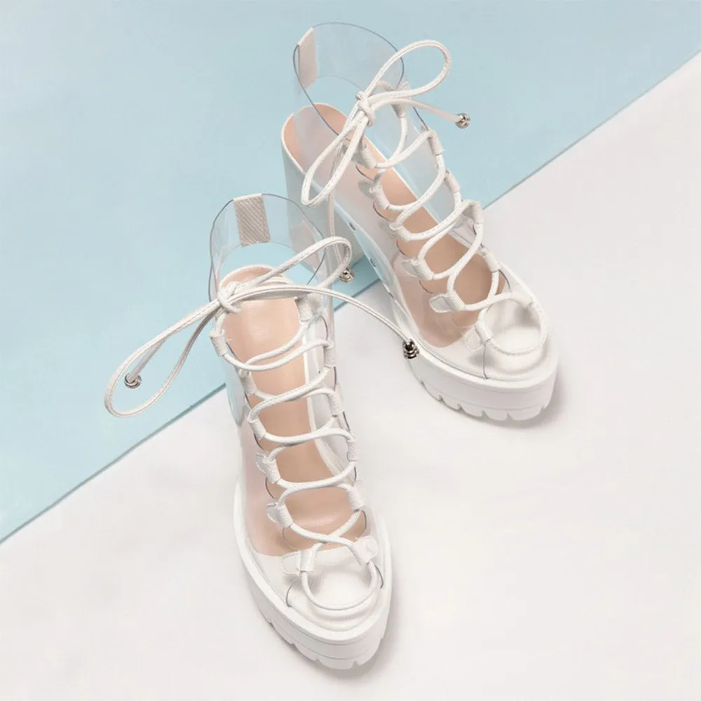 Clear Lace Up 5.1" Open Toe Chunky High Heel Shoes 3 Colors