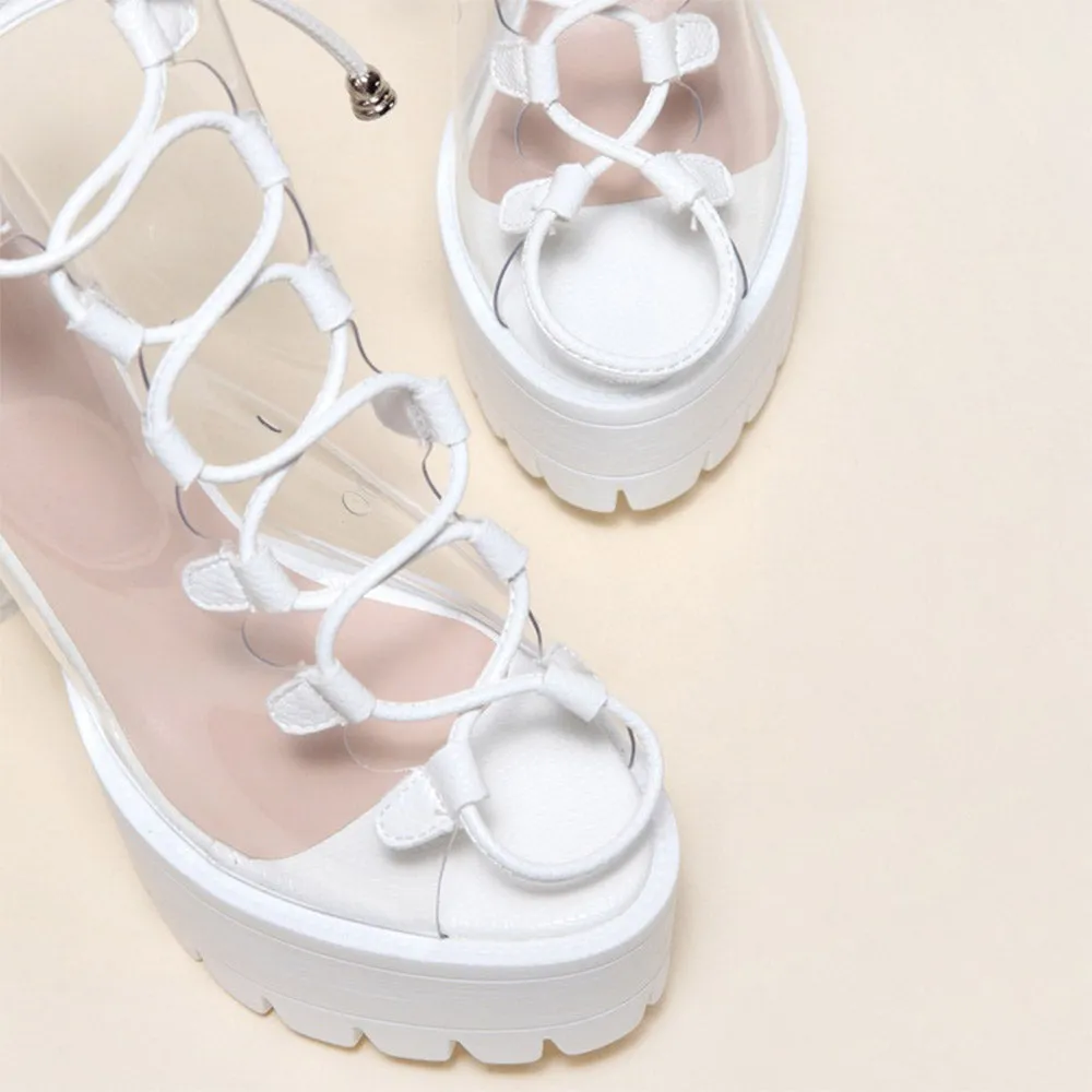 Clear Lace Up 5.1" Open Toe Chunky High Heel Shoes 3 Colors