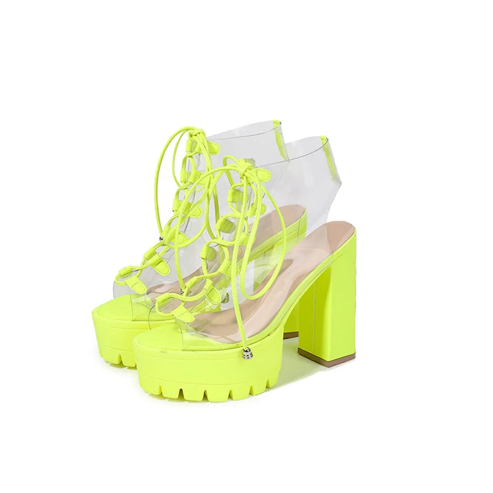 Clear Lace Up 5.1" Open Toe Chunky High Heel Shoes 3 Colors