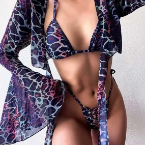 Dark Leopard Print Triangle String Bikini Bathing Suit and Smock Coverup
