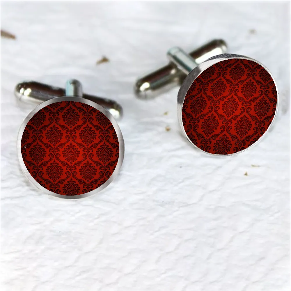 Dark Red Damask Cufflinks Tuxedo Studs