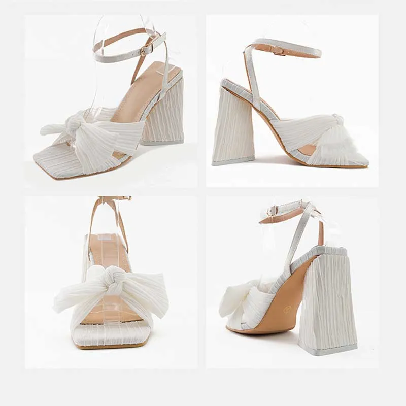 Elegant Satin 4.1" High Heel Sandals Bow Square Heel