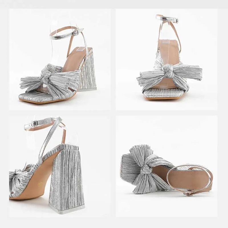 Elegant Satin 4.1" High Heel Sandals Bow Square Heel