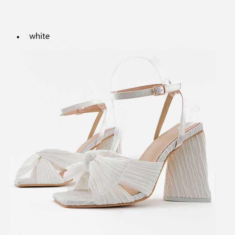 Elegant Satin 4.1" High Heel Sandals Bow Square Heel