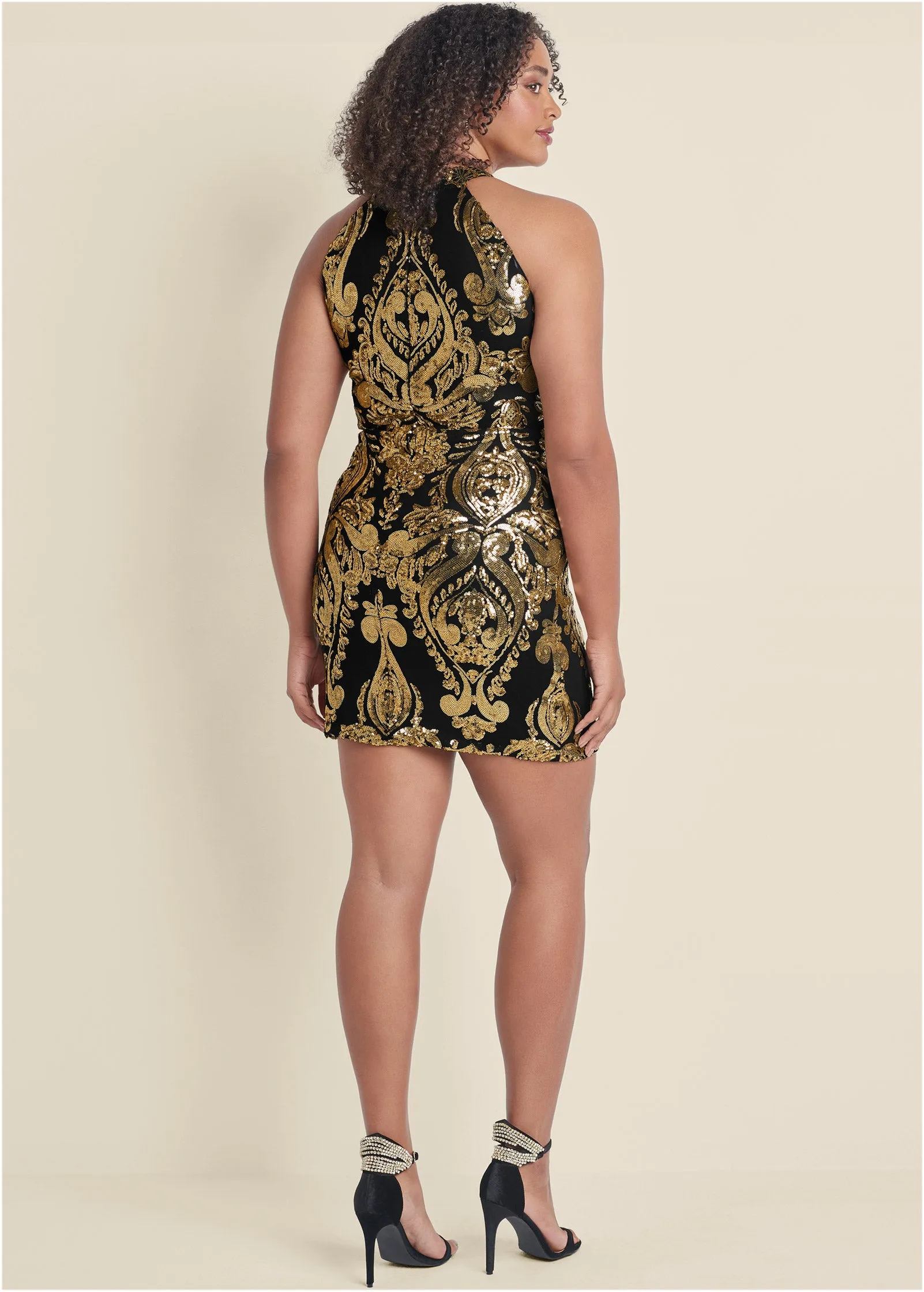 Embroidered Sequin Mini Dress - Black & Gold