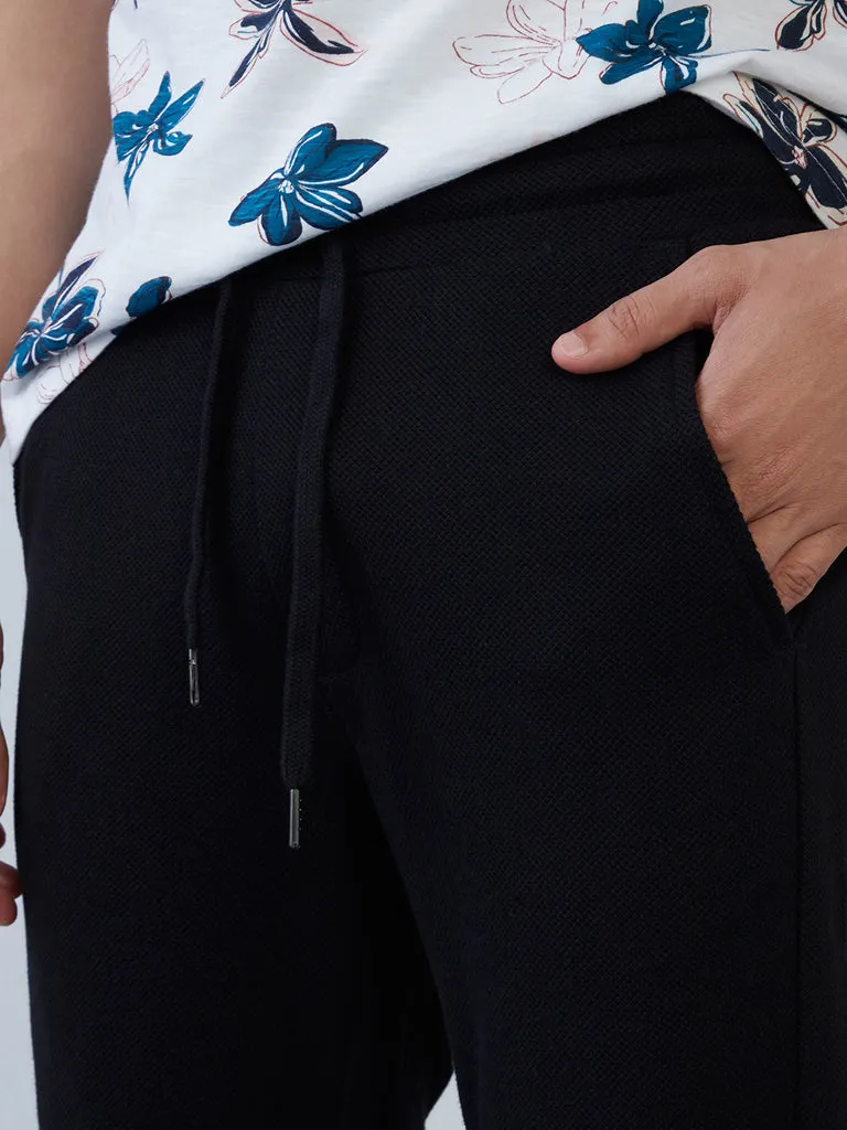 ETA Black Self-Textured Cotton-Blend Slim-Fit Mid-Rise Joggers