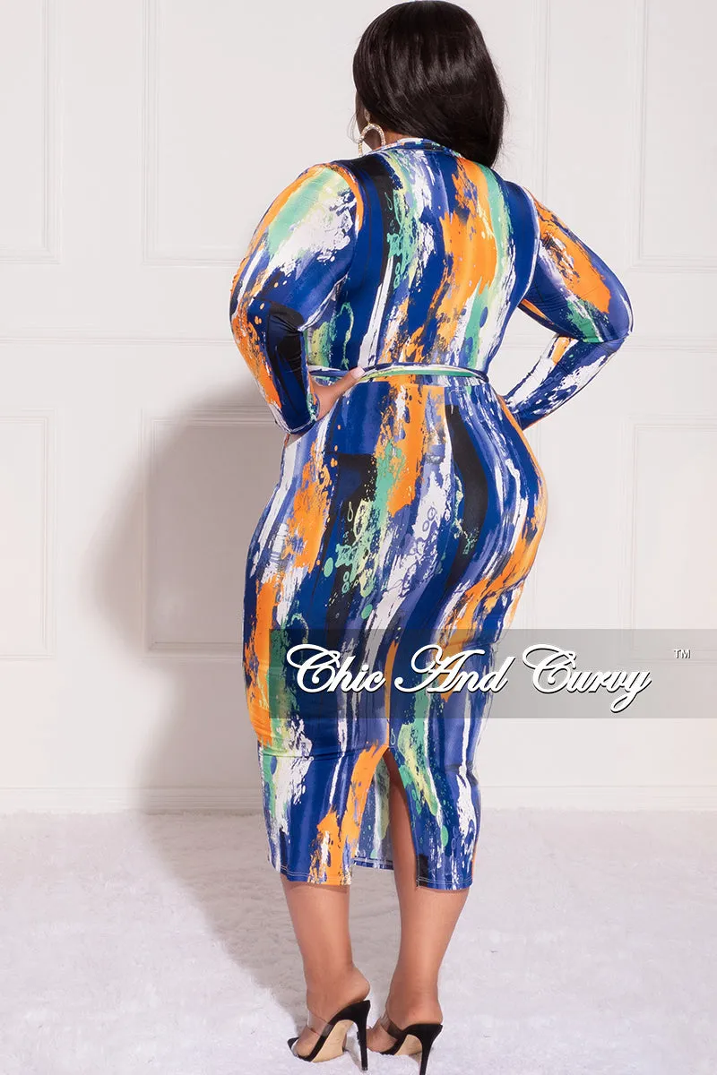 Final Sale Plus Size Collar Faux Wrap BodyCon with Waist Tie in Blue White and Orange Brush Stroke Print