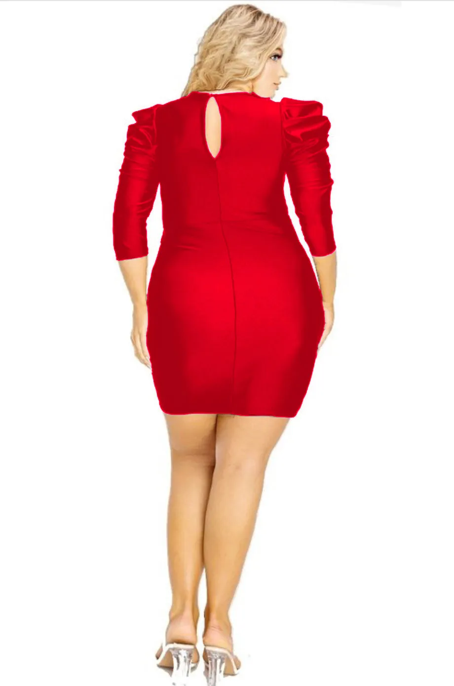 Final Sale Plus Size Faux Wrap Puffy Sleeve BodyCon Dress in Red