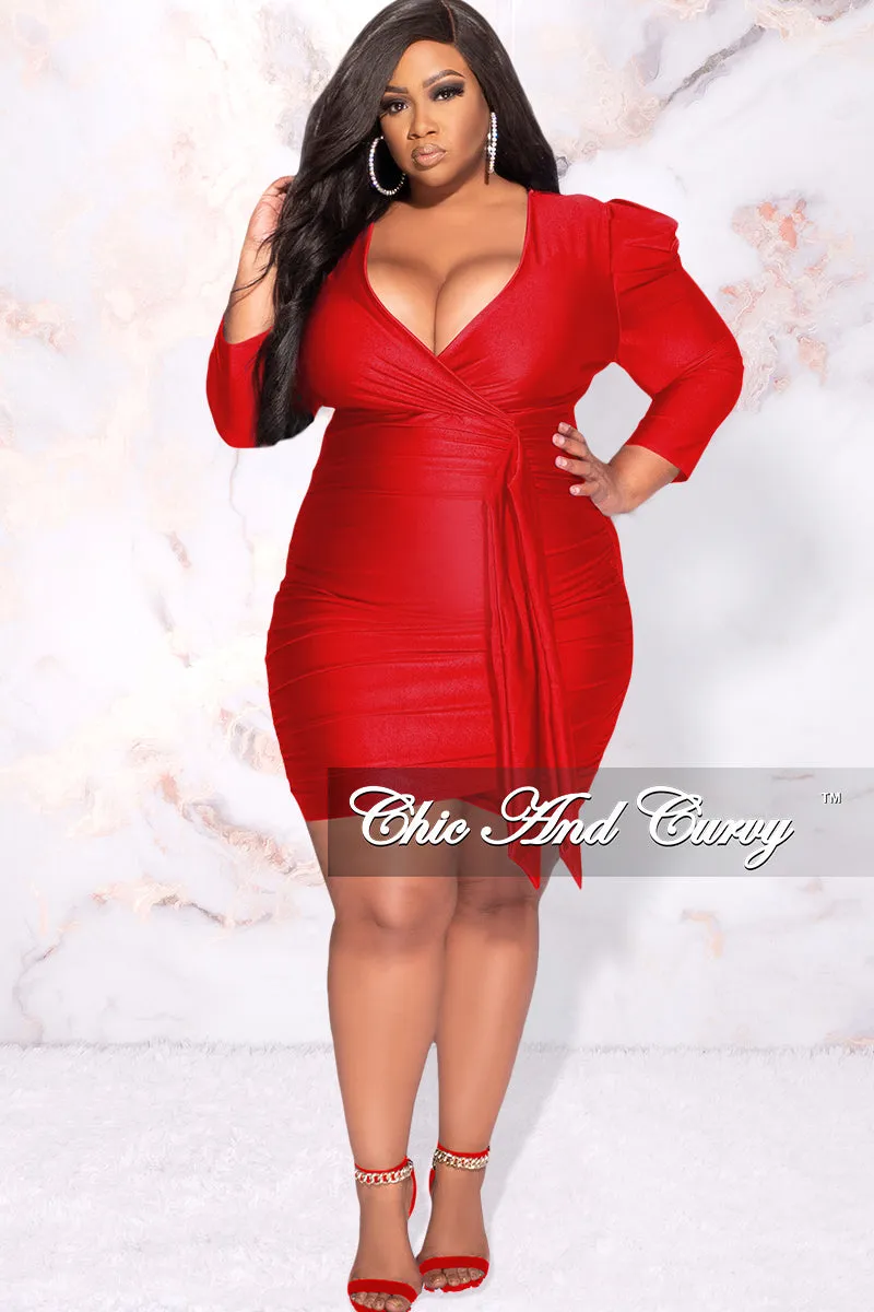 Final Sale Plus Size Faux Wrap Puffy Sleeve BodyCon Dress in Red