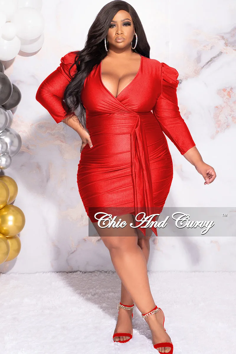 Final Sale Plus Size Faux Wrap Puffy Sleeve BodyCon Dress in Red