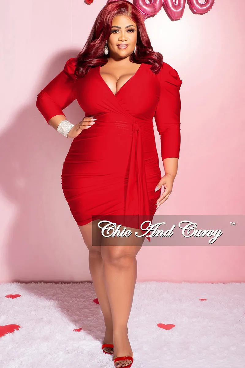 Final Sale Plus Size Faux Wrap Puffy Sleeve BodyCon Dress in Red