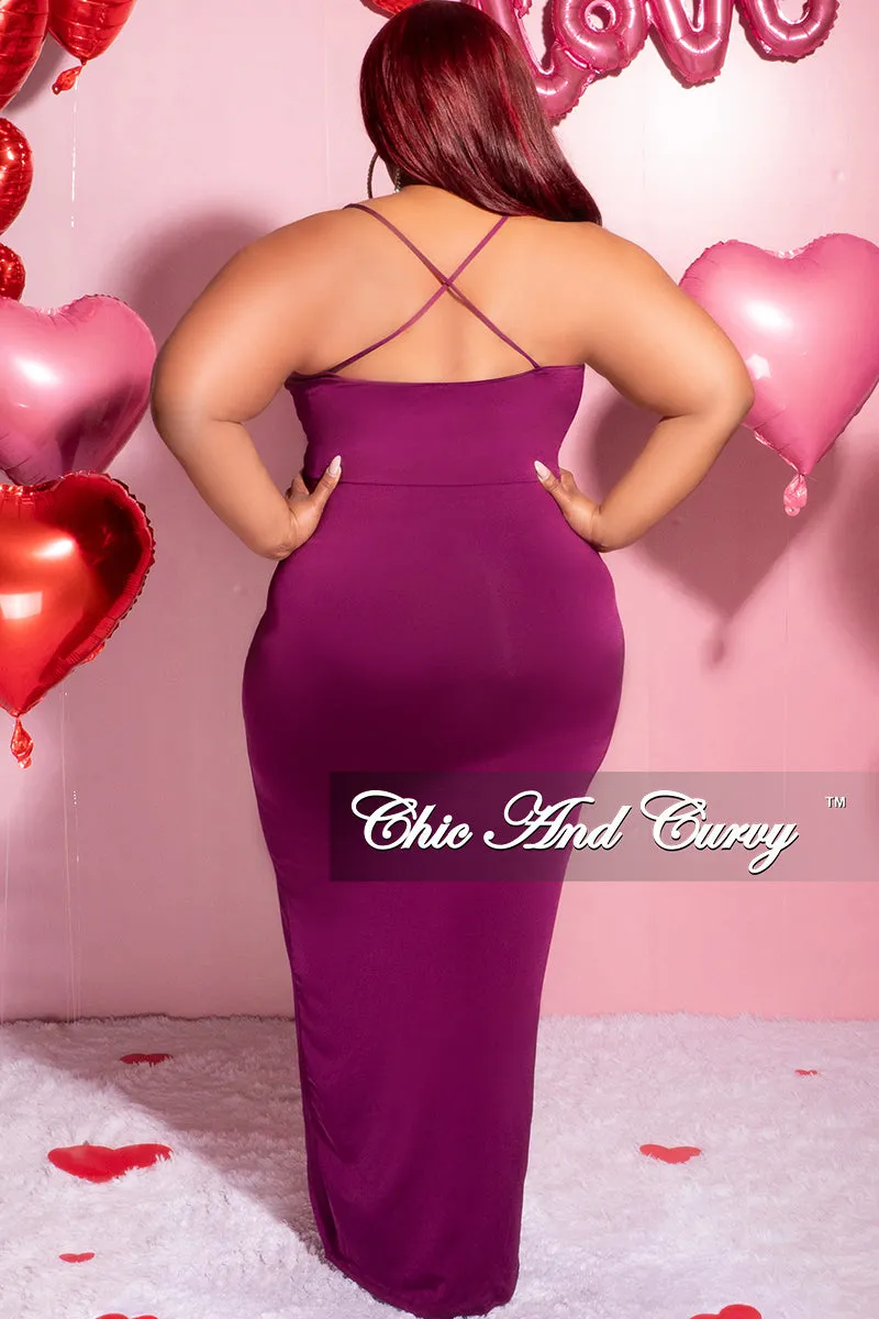 Final Sale Plus Size Ruched Faux Wrap Over BodyCon Dress with Criss Cross Back in Purple Kim 2