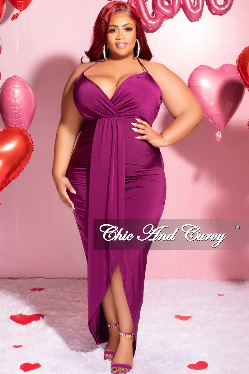 Final Sale Plus Size Ruched Faux Wrap Over BodyCon Dress with Criss Cross Back in Purple Kim 2