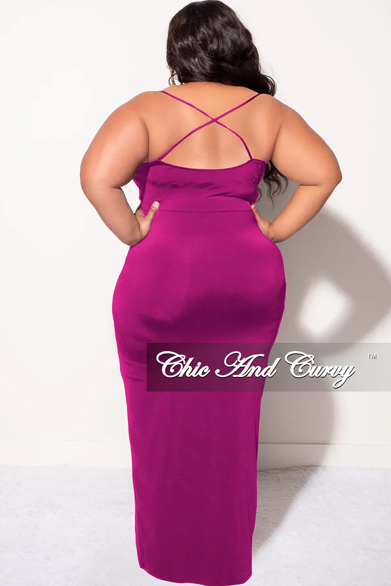 Final Sale Plus Size Ruched Faux Wrap Over BodyCon Dress with Criss Cross Back in Purple Kim 2