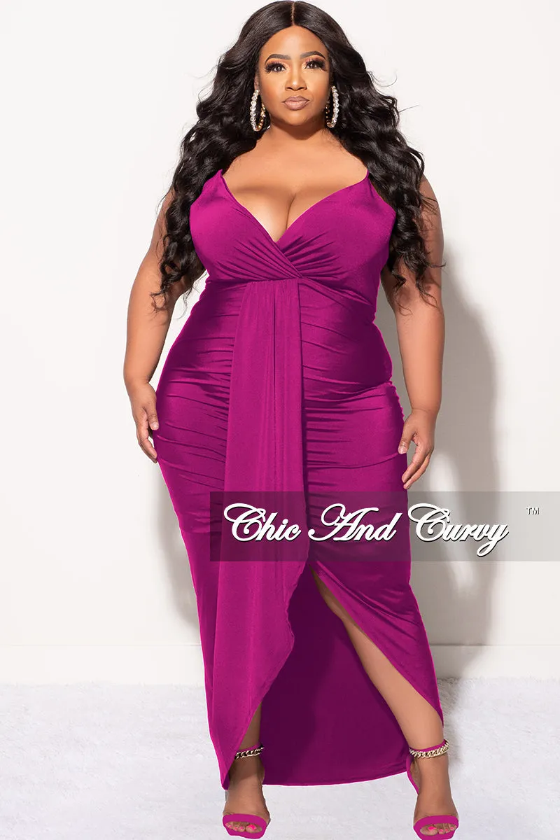 Final Sale Plus Size Ruched Faux Wrap Over BodyCon Dress with Criss Cross Back in Purple Kim 2
