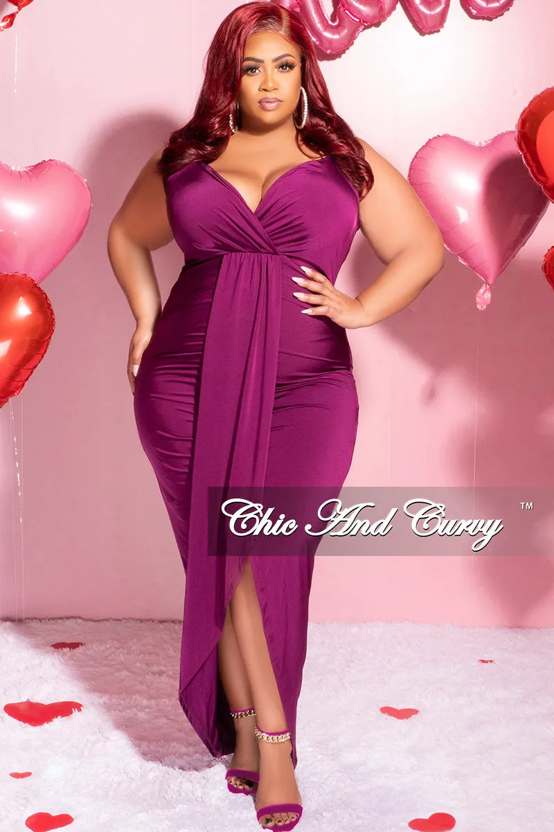 Final Sale Plus Size Ruched Faux Wrap Over BodyCon Dress with Criss Cross Back in Purple Kim 2