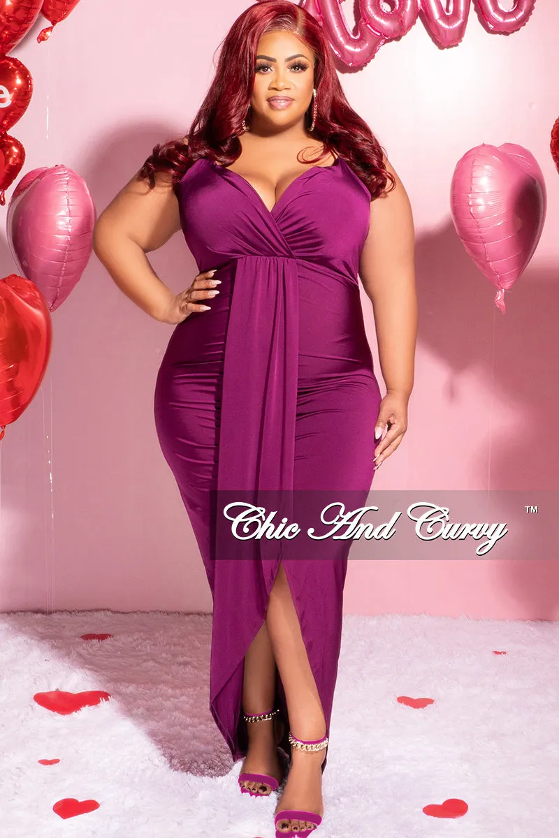 Final Sale Plus Size Ruched Faux Wrap Over BodyCon Dress with Criss Cross Back in Purple Kim 2