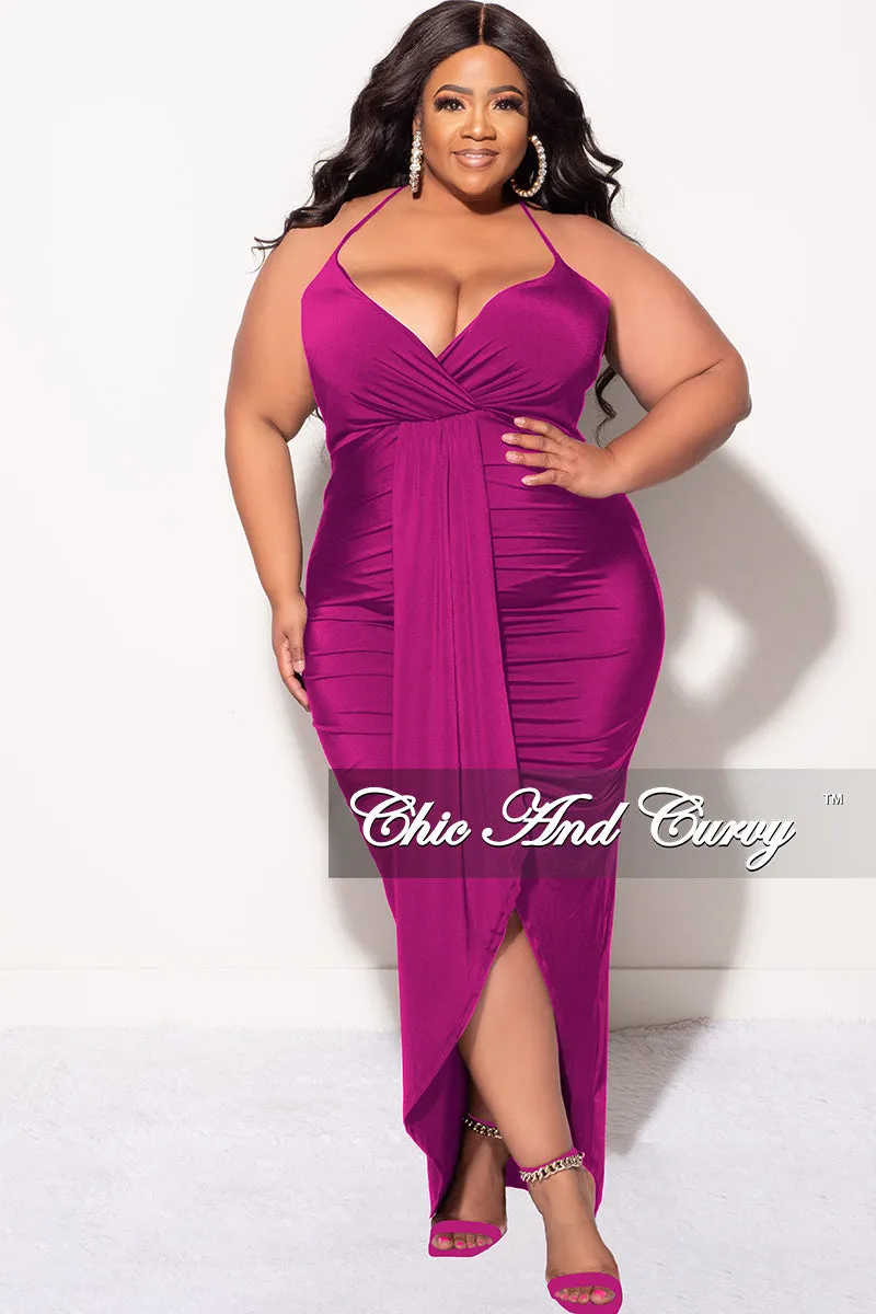 Final Sale Plus Size Ruched Faux Wrap Over BodyCon Dress with Criss Cross Back in Purple Kim 2