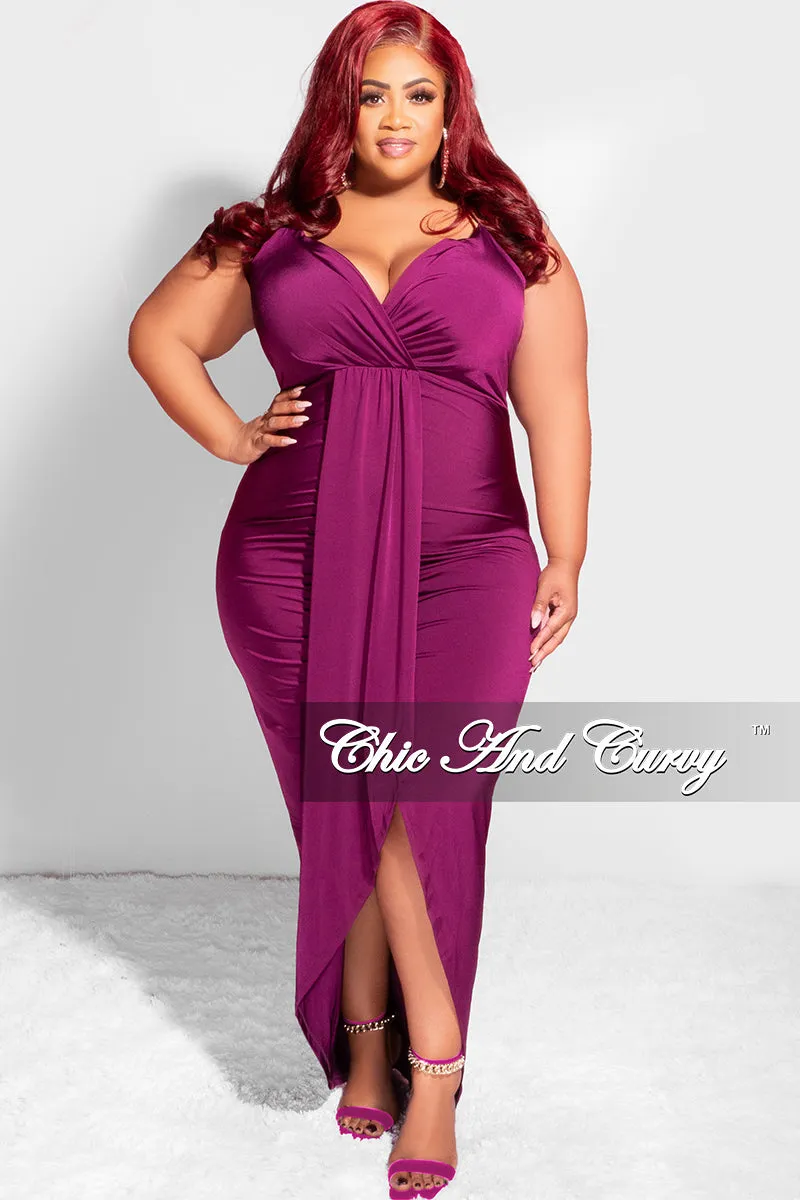 Final Sale Plus Size Ruched Faux Wrap Over BodyCon Dress with Criss Cross Back in Purple Kim 2