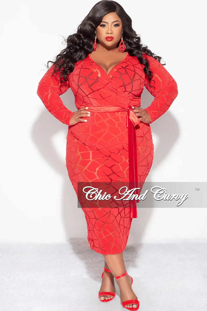Final Sale Plus Size Sheer Long Sleeve Faux Wrap BodyCon with Waist Tie and Back Slit in Red