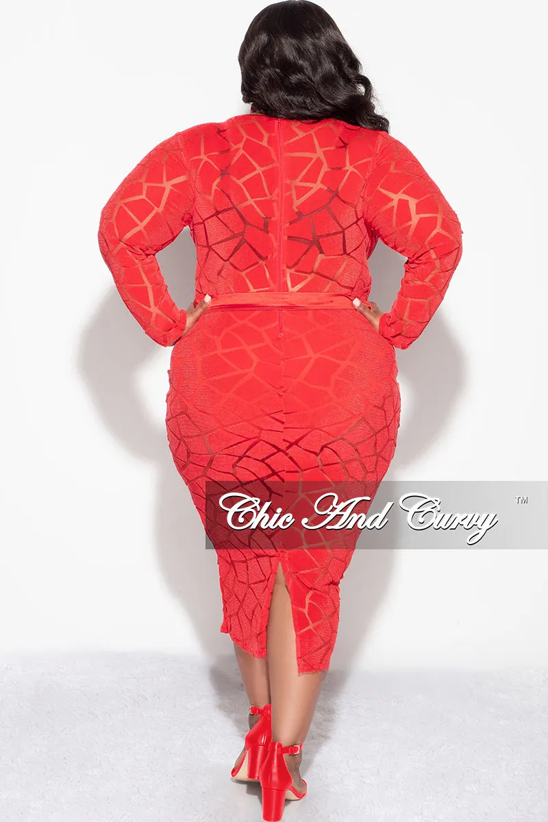 Final Sale Plus Size Sheer Long Sleeve Faux Wrap BodyCon with Waist Tie and Back Slit in Red