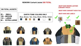 Fleek Credit: Custom Carhartt Rework Jacket (350 Total: 50 – SMALL 100 – MED 110 – LARGE 90 – XL), MUST HAVE BROWN LEATHER CARHARTT PATCH, CARHARTT NECK TAG, & SIZE LABELS. EARTH TONE COLORS ONLY (Blue, Brown, Tan, Grey, Black, White, Green) -- 50%