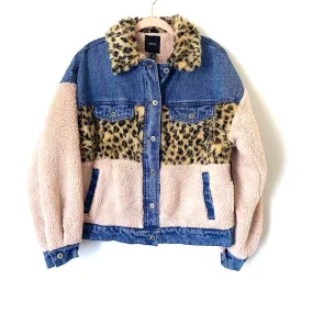 Forever21 Denim and Sherpa Animal Print Faux Fur Collar Jacket NWT- Size M