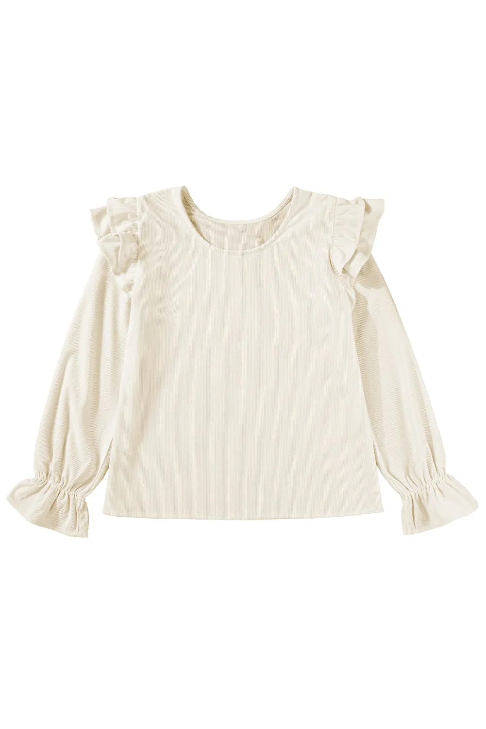 Gothic Outlaws Beige Corduroy Round Neck Ruffled Flounce Sleeve Blouse