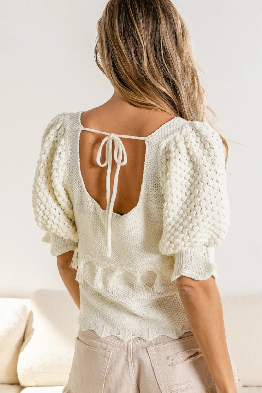 Harriet - Tassel Detail Textured Square Neck Sweater - Ivory - Exclusively Online