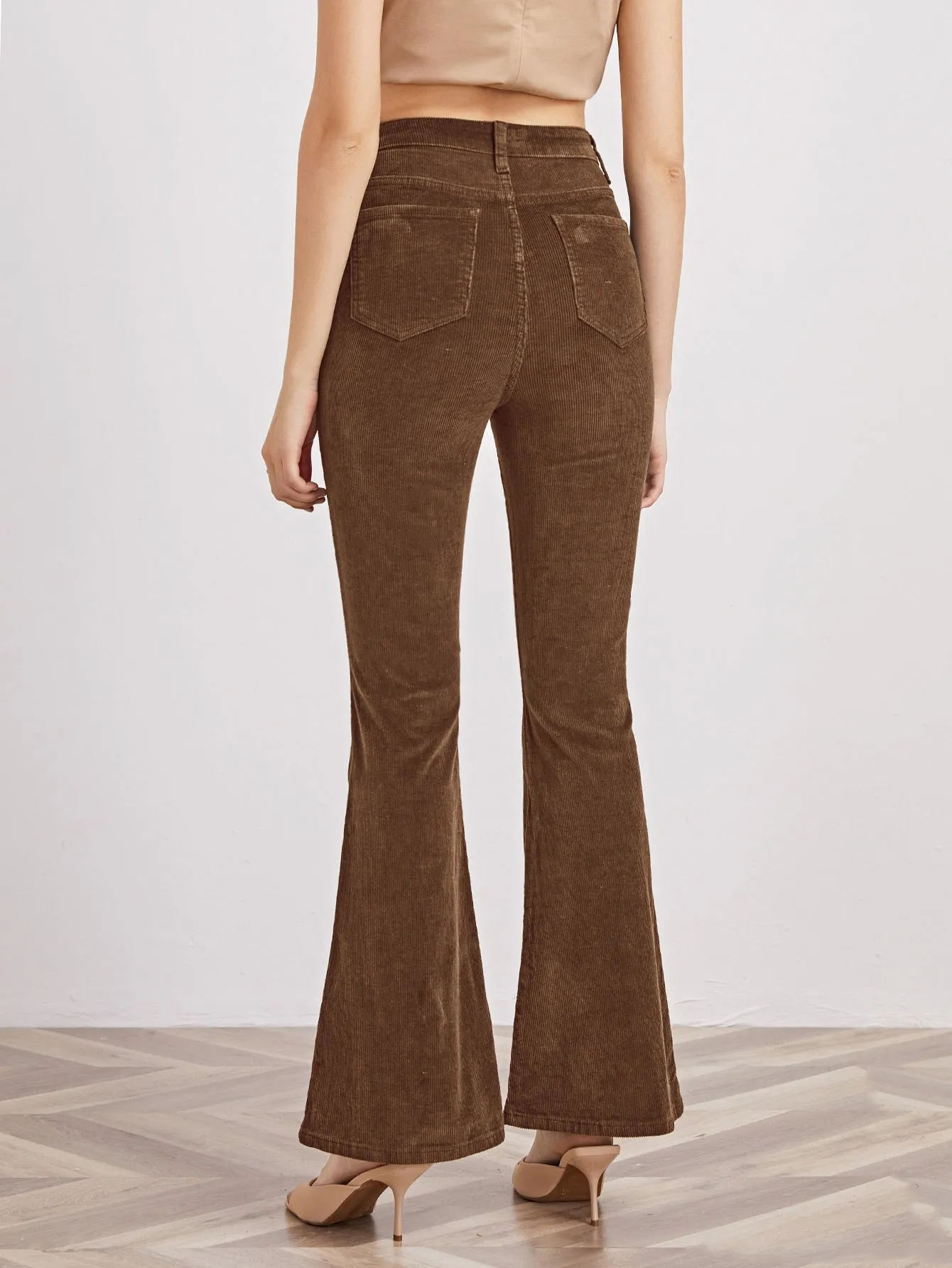 High Waist Slant Pocket Flare Leg Cord Pants