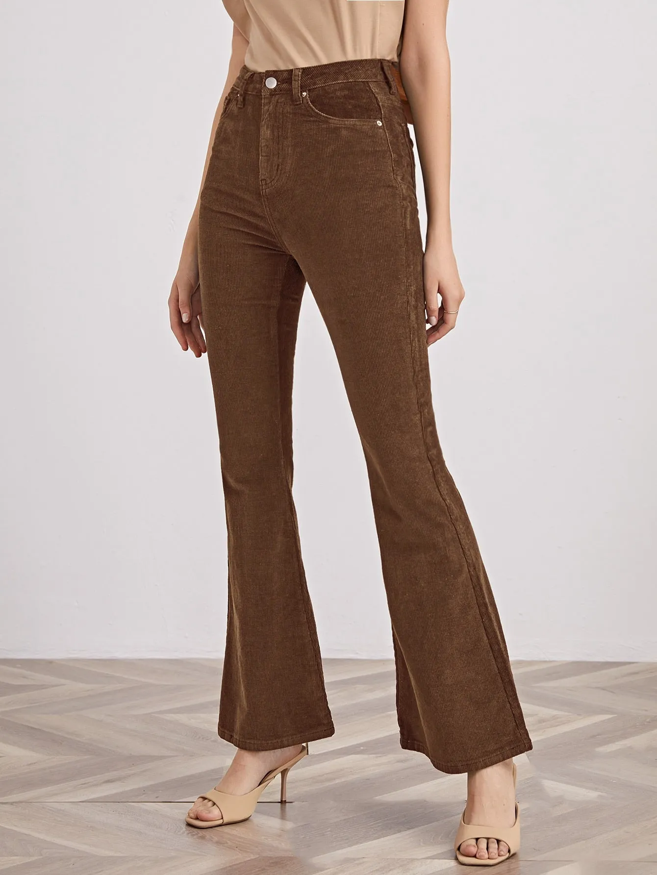 High Waist Slant Pocket Flare Leg Cord Pants