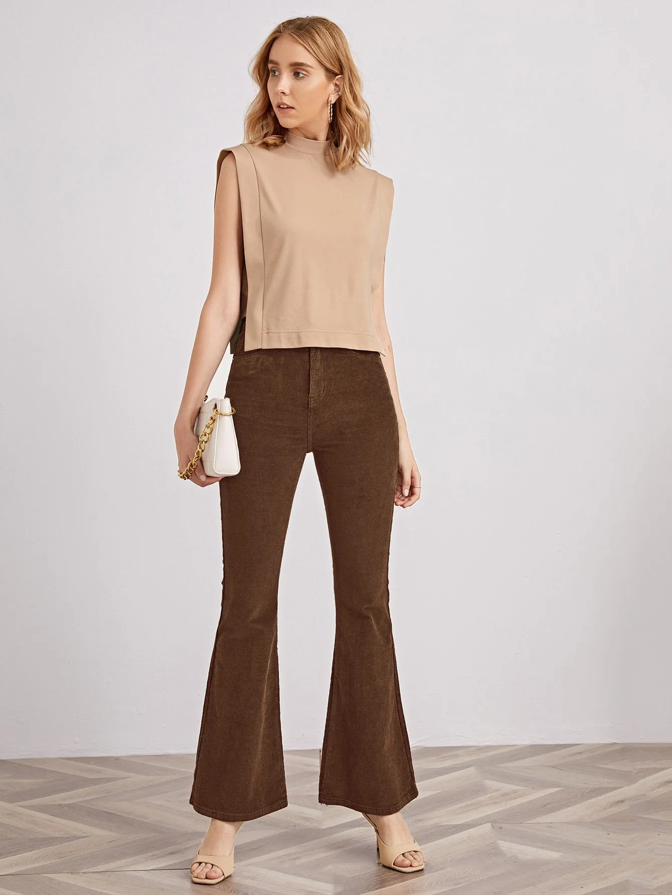 High Waist Slant Pocket Flare Leg Cord Pants