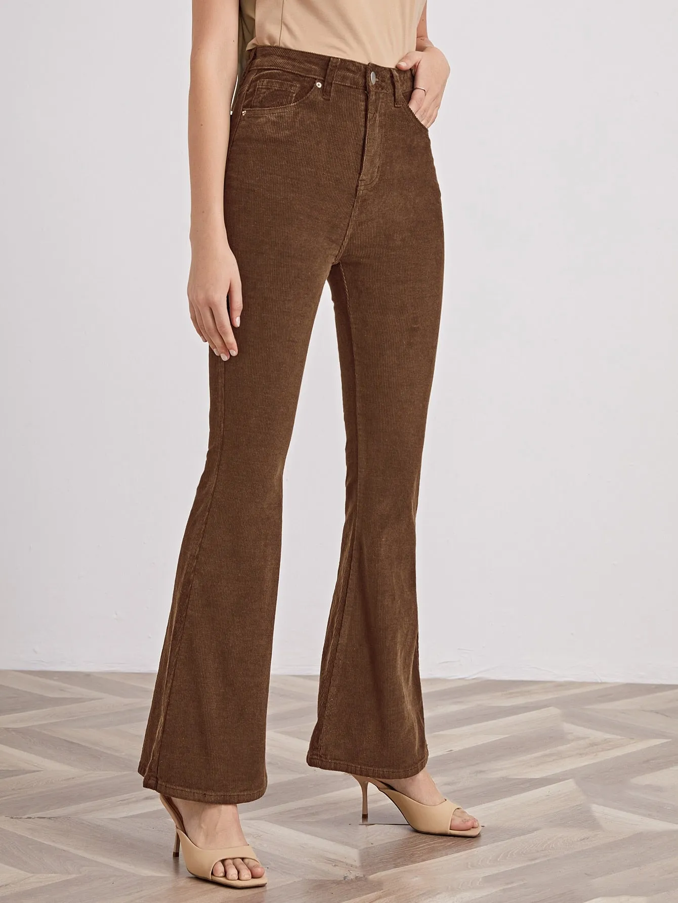High Waist Slant Pocket Flare Leg Cord Pants