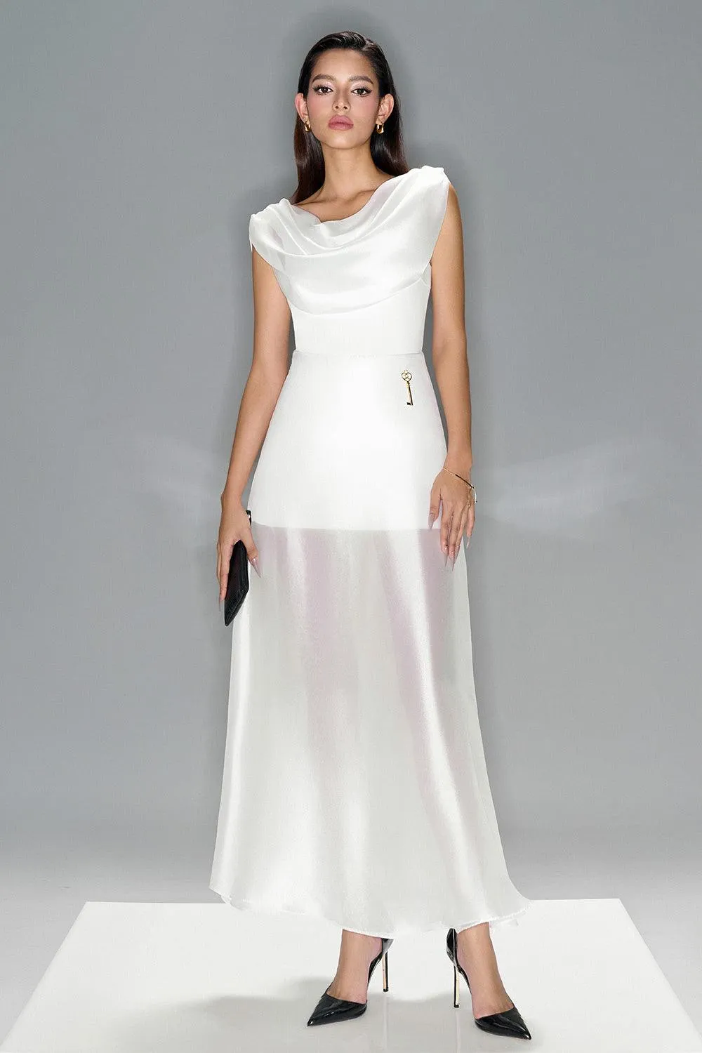 Ivory Bodycon Cowl Neck Organza Top