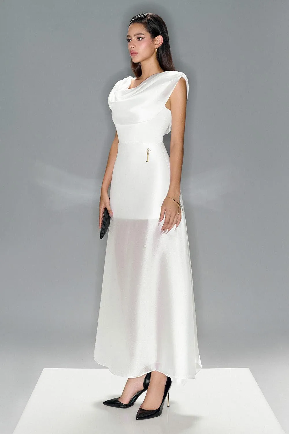 Ivory Bodycon Cowl Neck Organza Top
