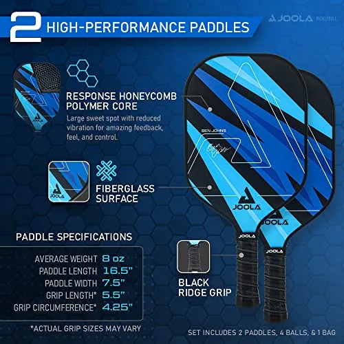JOOLA Ben Johns Pickleball Set with 2 Fiberglass Paddles - Includes 2 Indoor & 2 Outdoor Pickleball Balls & Bag - Lightweight Racket Set for All Levels - Honeycomb Polymer Core,Blue