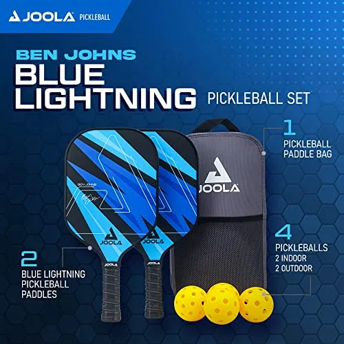 JOOLA Ben Johns Pickleball Set with 2 Fiberglass Paddles - Includes 2 Indoor & 2 Outdoor Pickleball Balls & Bag - Lightweight Racket Set for All Levels - Honeycomb Polymer Core,Blue
