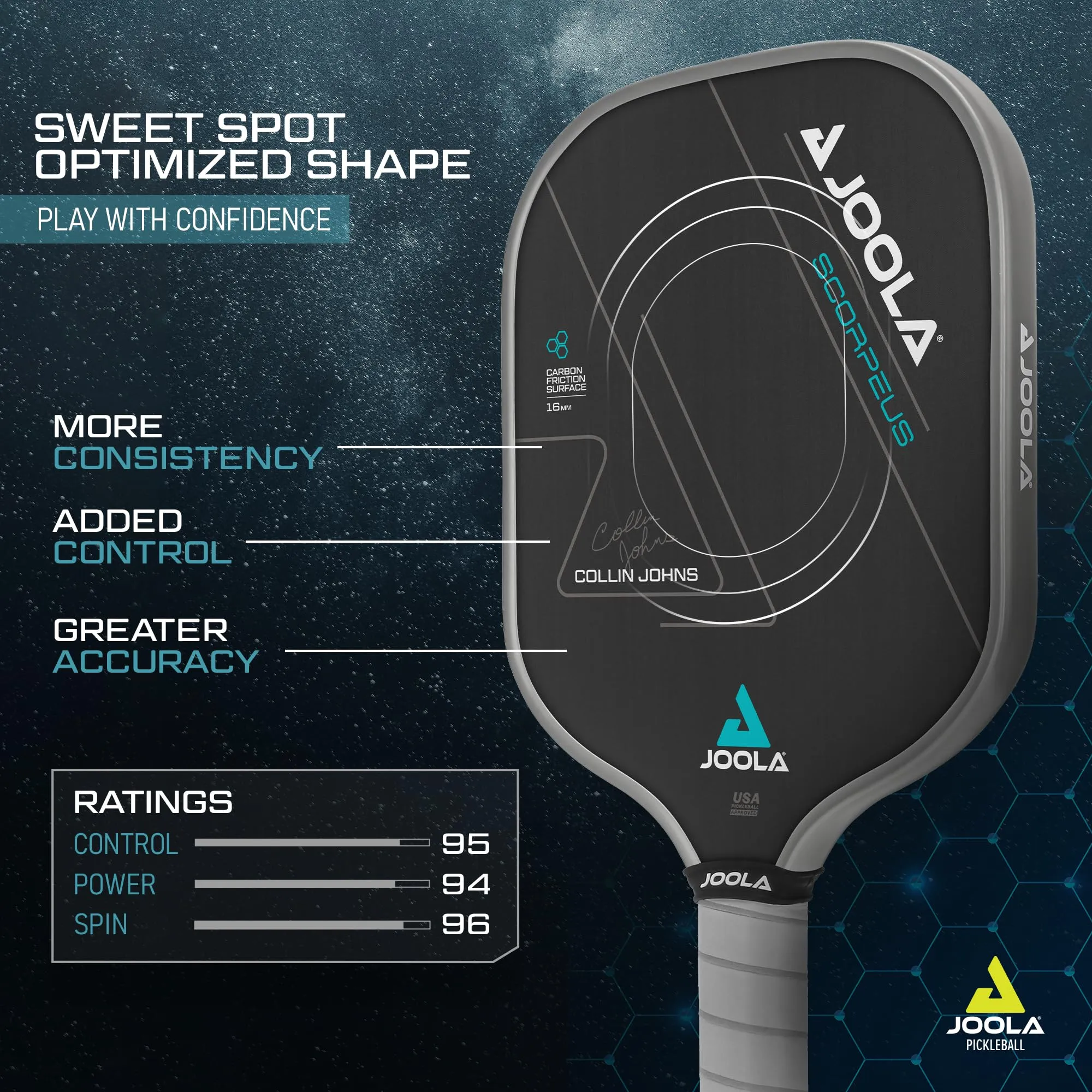 JOOLA Collin Johns Scorpeus Pickleball Paddle w/Charged Surface Technology for Increased Power & Feel - Fully Encased Carbon Fiber Pickleball Paddle w/Larger Sweet Spot - USAPA Approved. 16mm Core