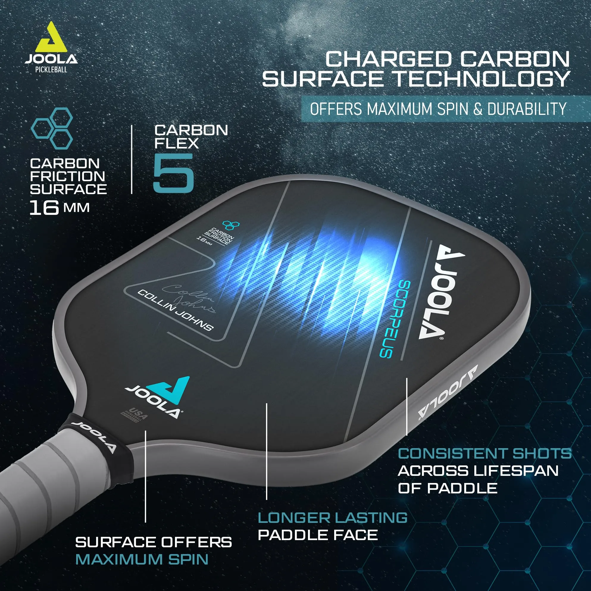 JOOLA Collin Johns Scorpeus Pickleball Paddle w/Charged Surface Technology for Increased Power & Feel - Fully Encased Carbon Fiber Pickleball Paddle w/Larger Sweet Spot - USAPA Approved. 16mm Core