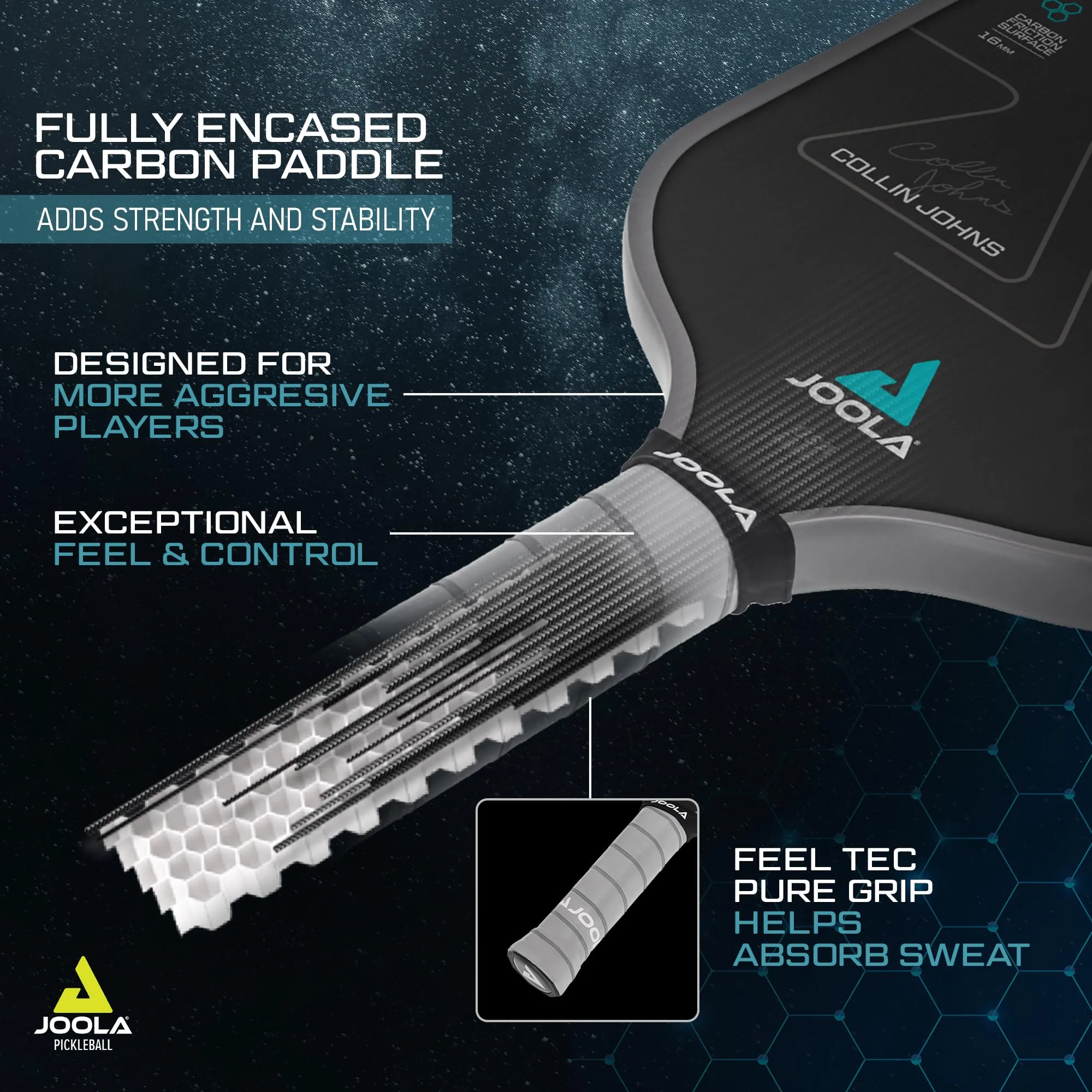JOOLA Collin Johns Scorpeus Pickleball Paddle w/Charged Surface Technology for Increased Power & Feel - Fully Encased Carbon Fiber Pickleball Paddle w/Larger Sweet Spot - USAPA Approved. 16mm Core