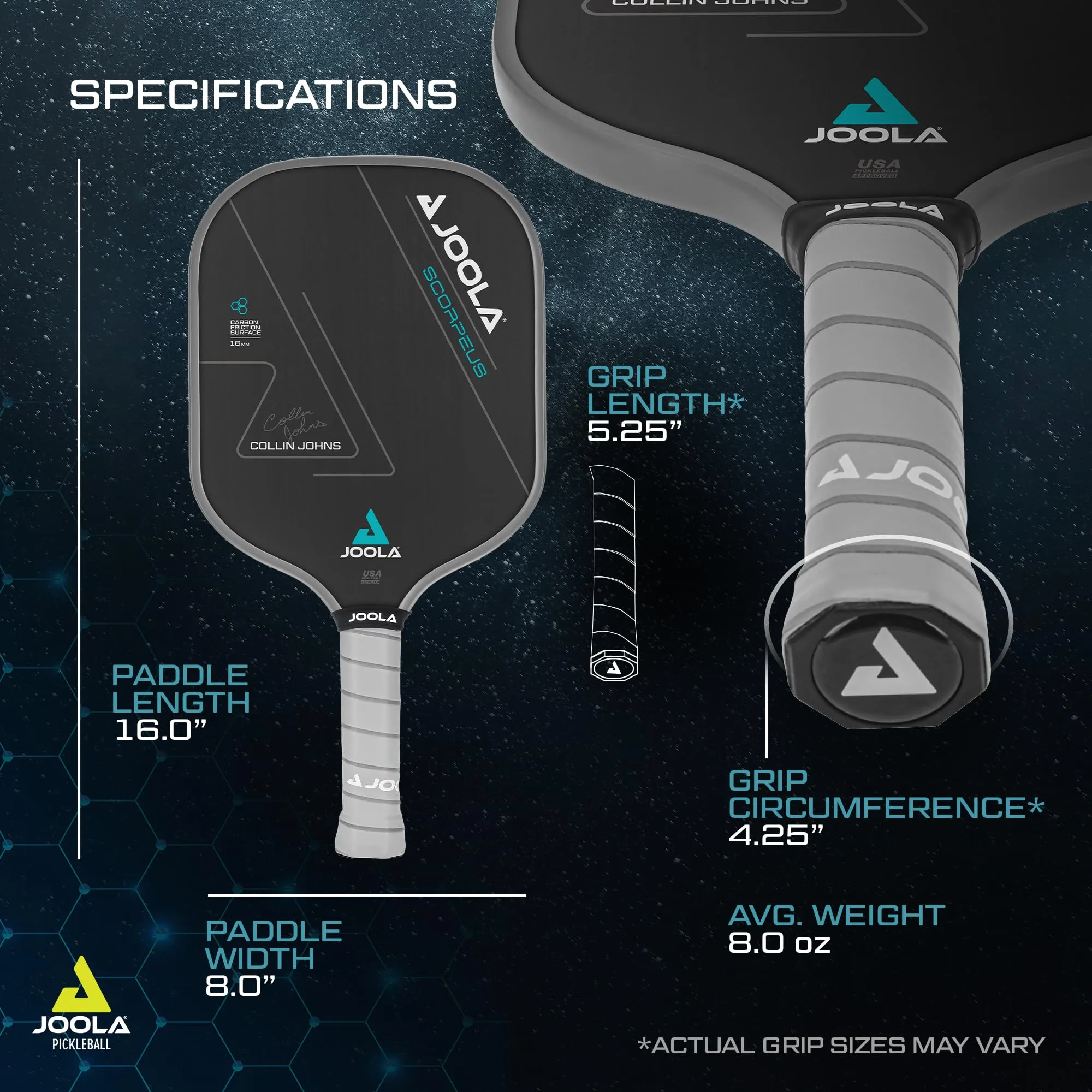 JOOLA Collin Johns Scorpeus Pickleball Paddle w/Charged Surface Technology for Increased Power & Feel - Fully Encased Carbon Fiber Pickleball Paddle w/Larger Sweet Spot - USAPA Approved. 16mm Core