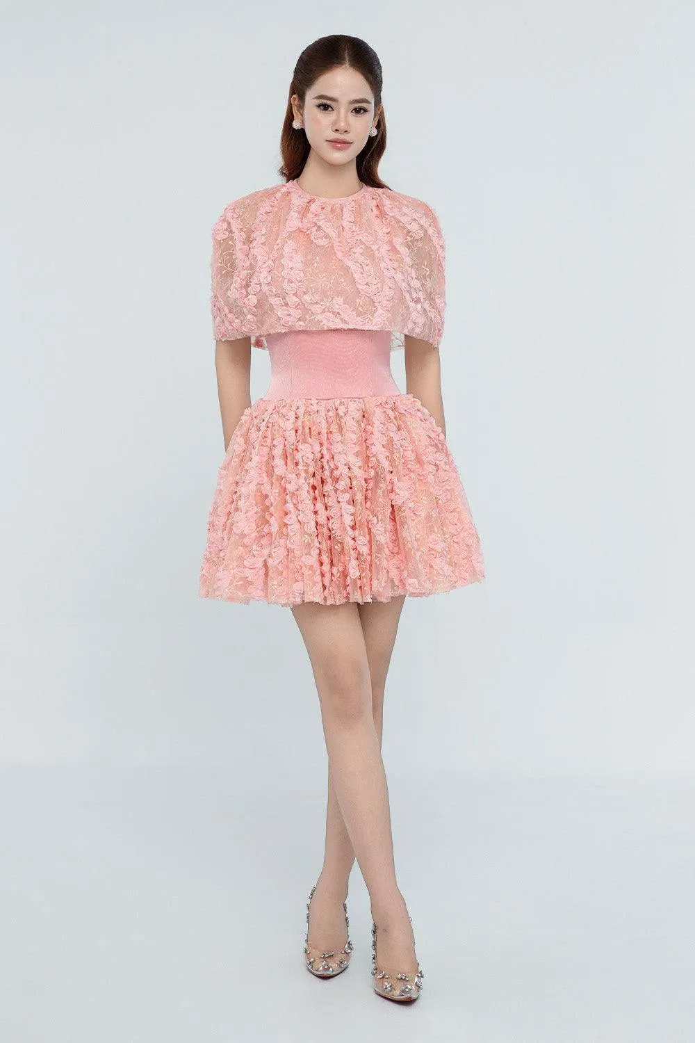 Jordyn A-line Cape Shoulder Mesh Mini Dress