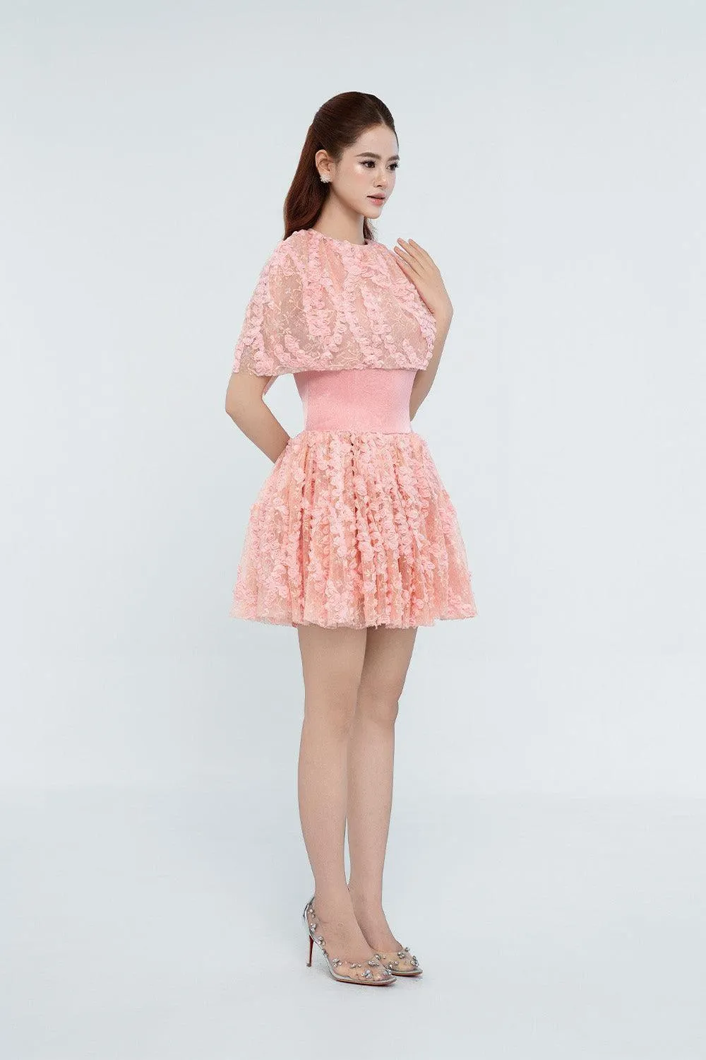 Jordyn A-line Cape Shoulder Mesh Mini Dress