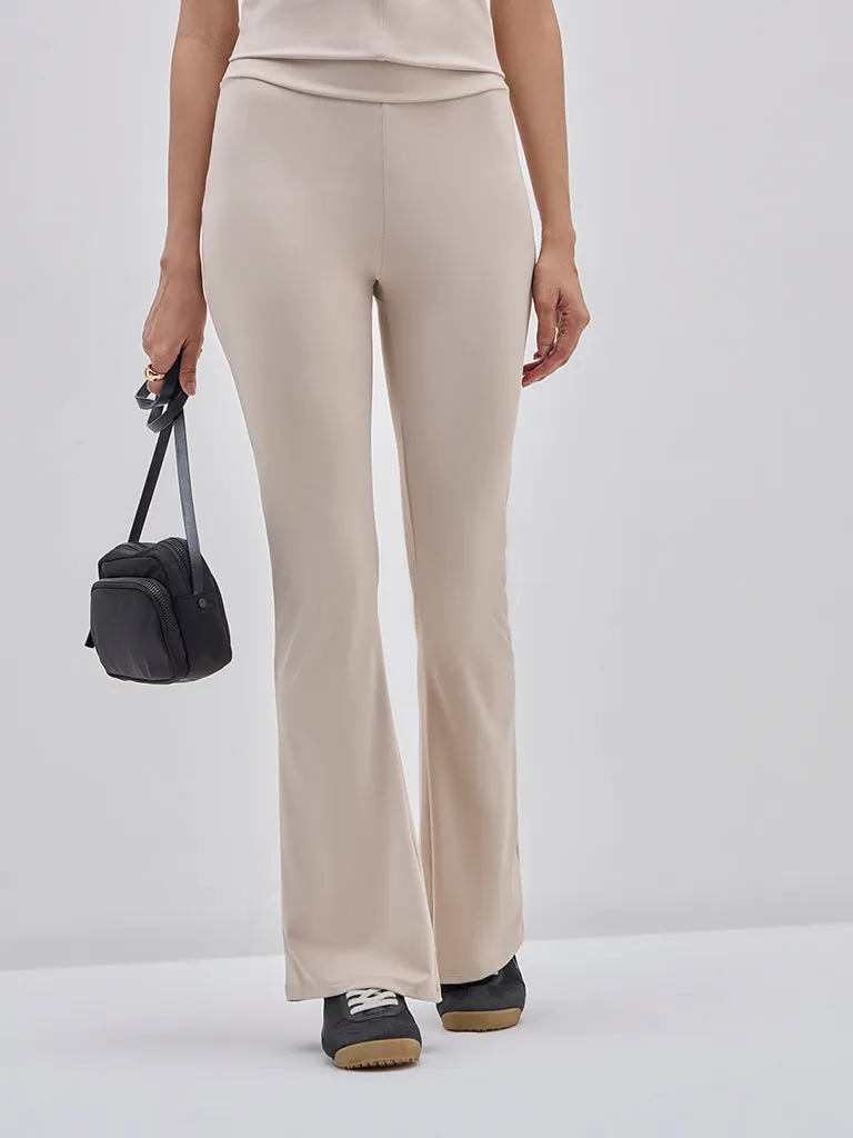LOV Beige High-Rise Cotton-Blend Bootcut Track Pants