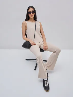 LOV Beige High-Rise Cotton-Blend Bootcut Track Pants