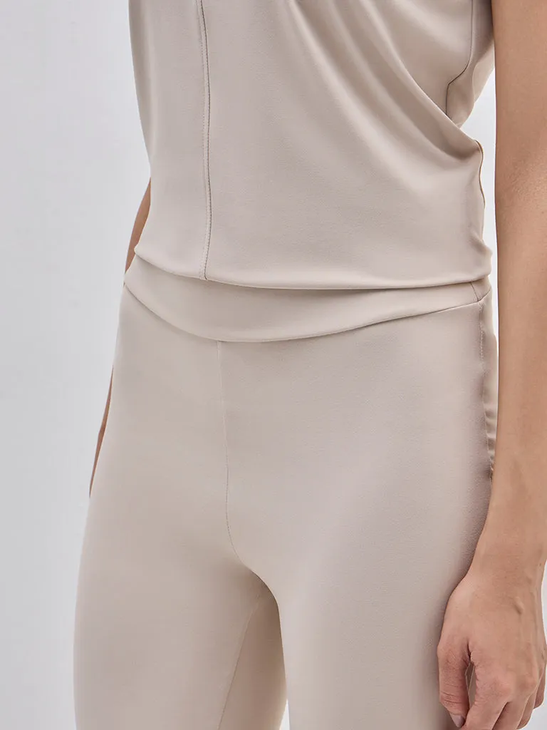 LOV Beige High-Rise Cotton-Blend Bootcut Track Pants